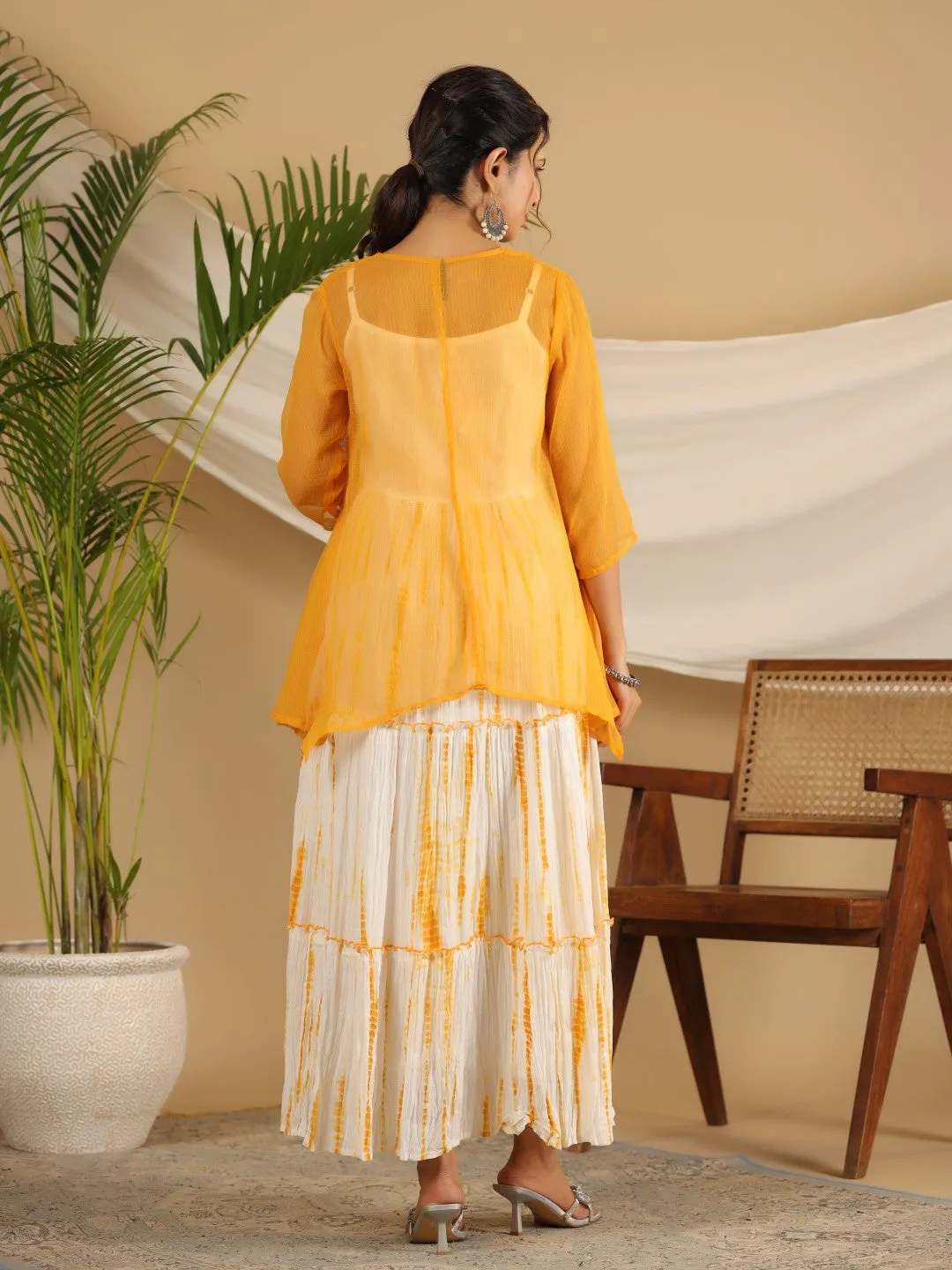 Jashvi Mustard Tie-Dye Tiered & Layered Pure Cotton Dress With Mirror Work Embroidery