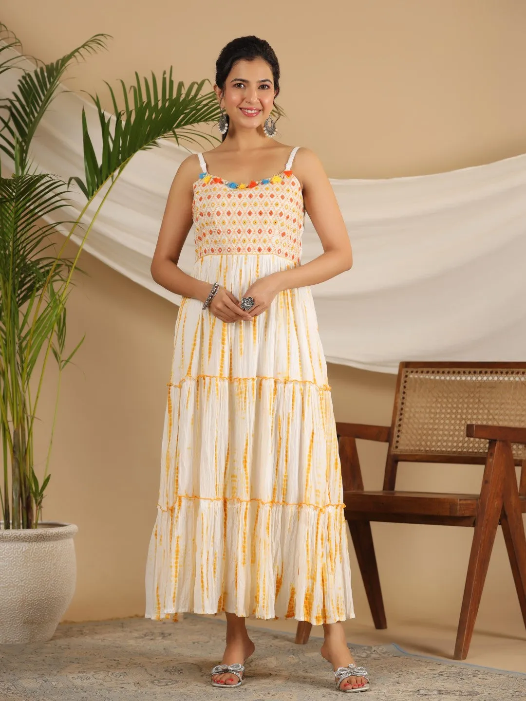 Jashvi Mustard Tie-Dye Tiered & Layered Pure Cotton Dress With Mirror Work Embroidery