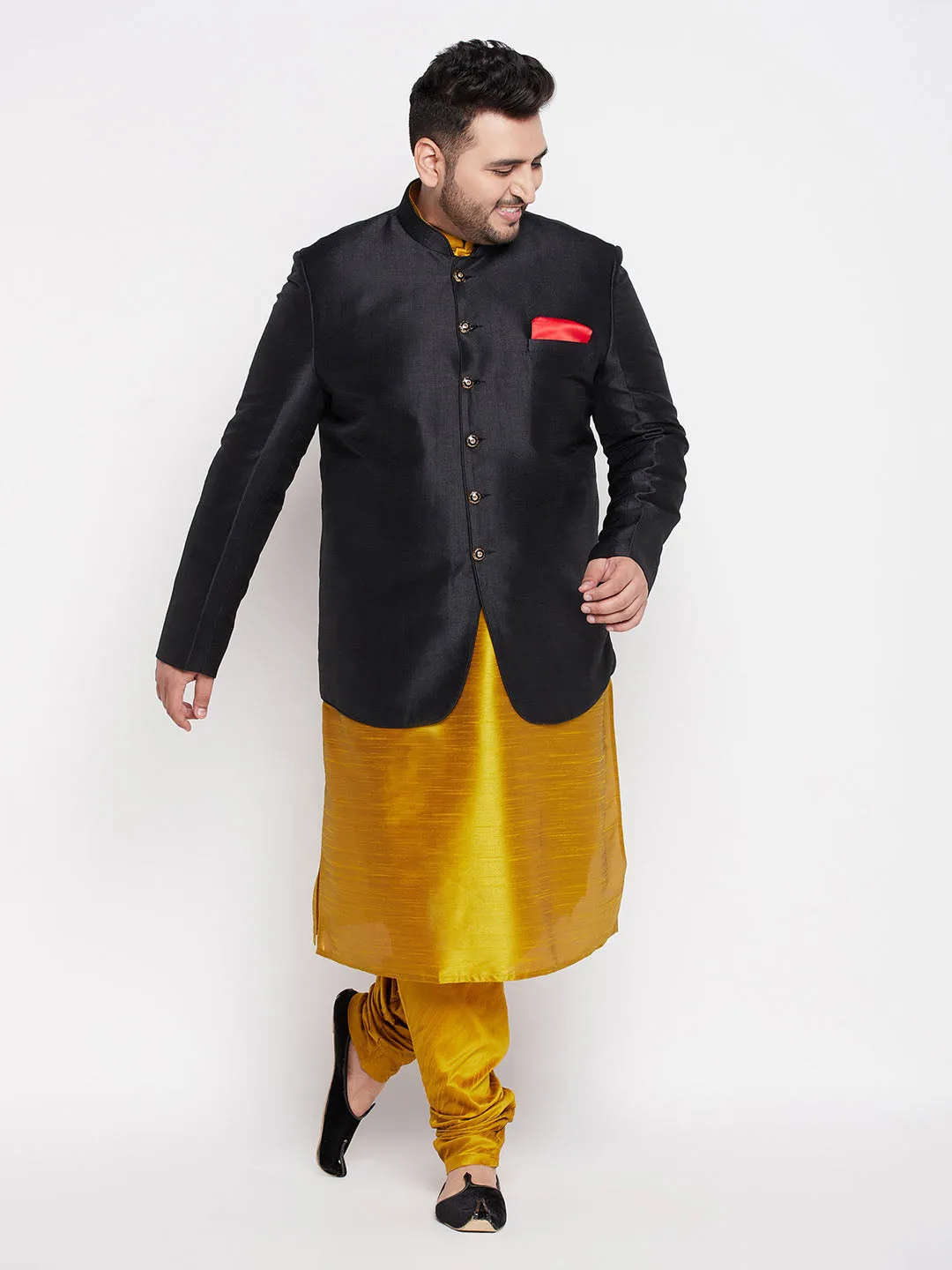 Jashvi Plus Size Men's Black Silk Blend Jodhpuri With Mustard Kurta Pyjama Set