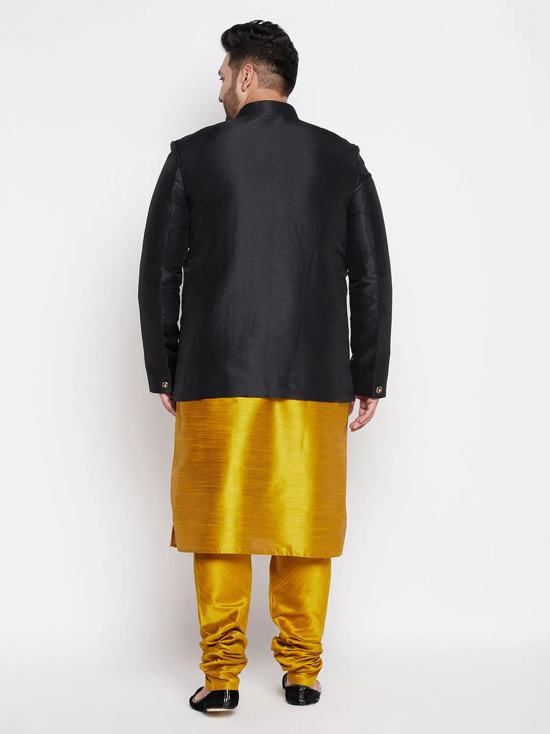 Jashvi Plus Size Men's Black Silk Blend Jodhpuri With Mustard Kurta Pyjama Set