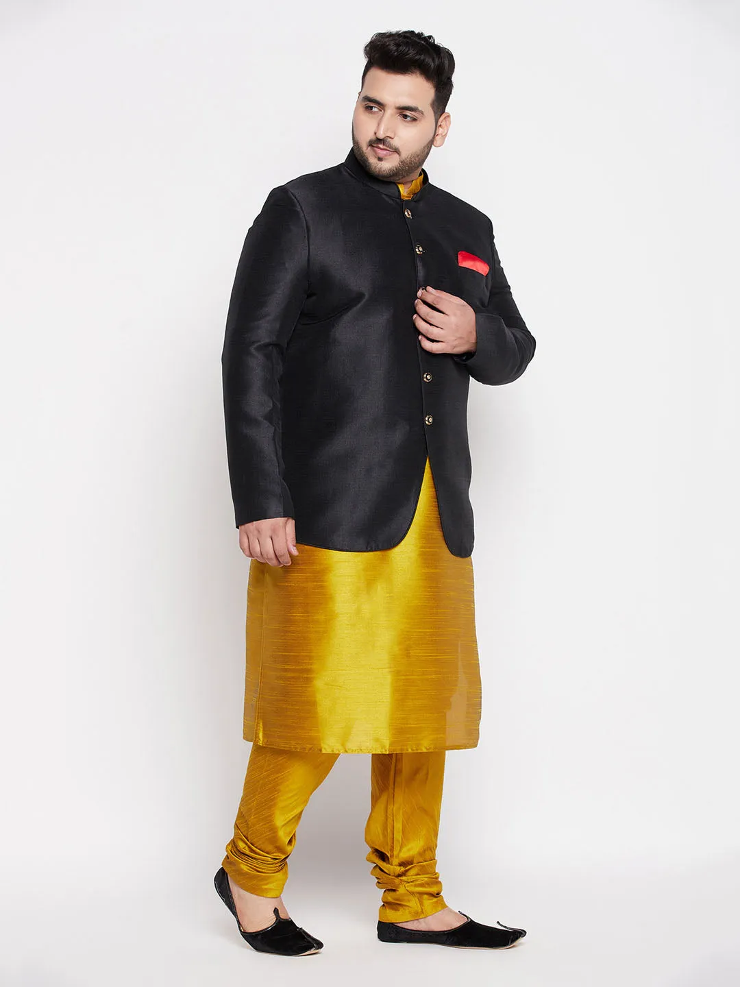 Jashvi Plus Size Men's Black Silk Blend Jodhpuri With Mustard Kurta Pyjama Set