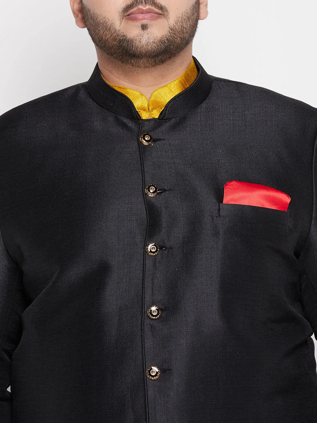 Jashvi Plus Size Men's Black Silk Blend Jodhpuri With Mustard Kurta Pyjama Set