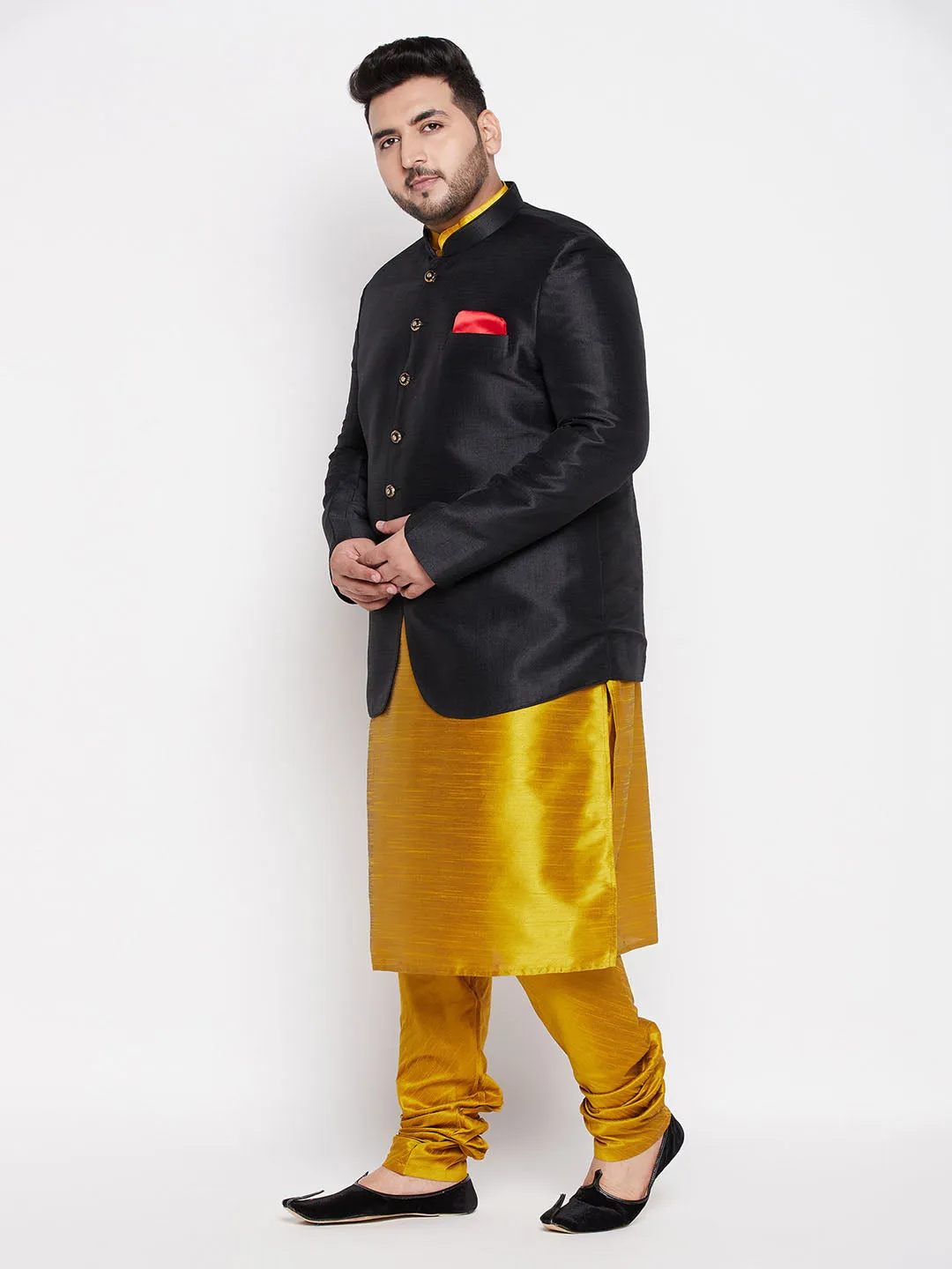 Jashvi Plus Size Men's Black Silk Blend Jodhpuri With Mustard Kurta Pyjama Set