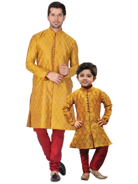 Jashvi Silk Blend Mustard Baap Beta Kurta Pyjama set