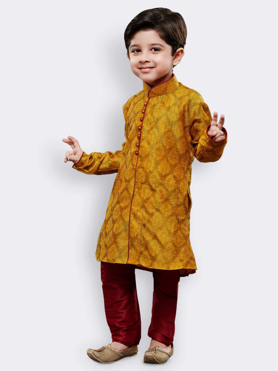 Jashvi Silk Blend Mustard Baap Beta Kurta Pyjama set