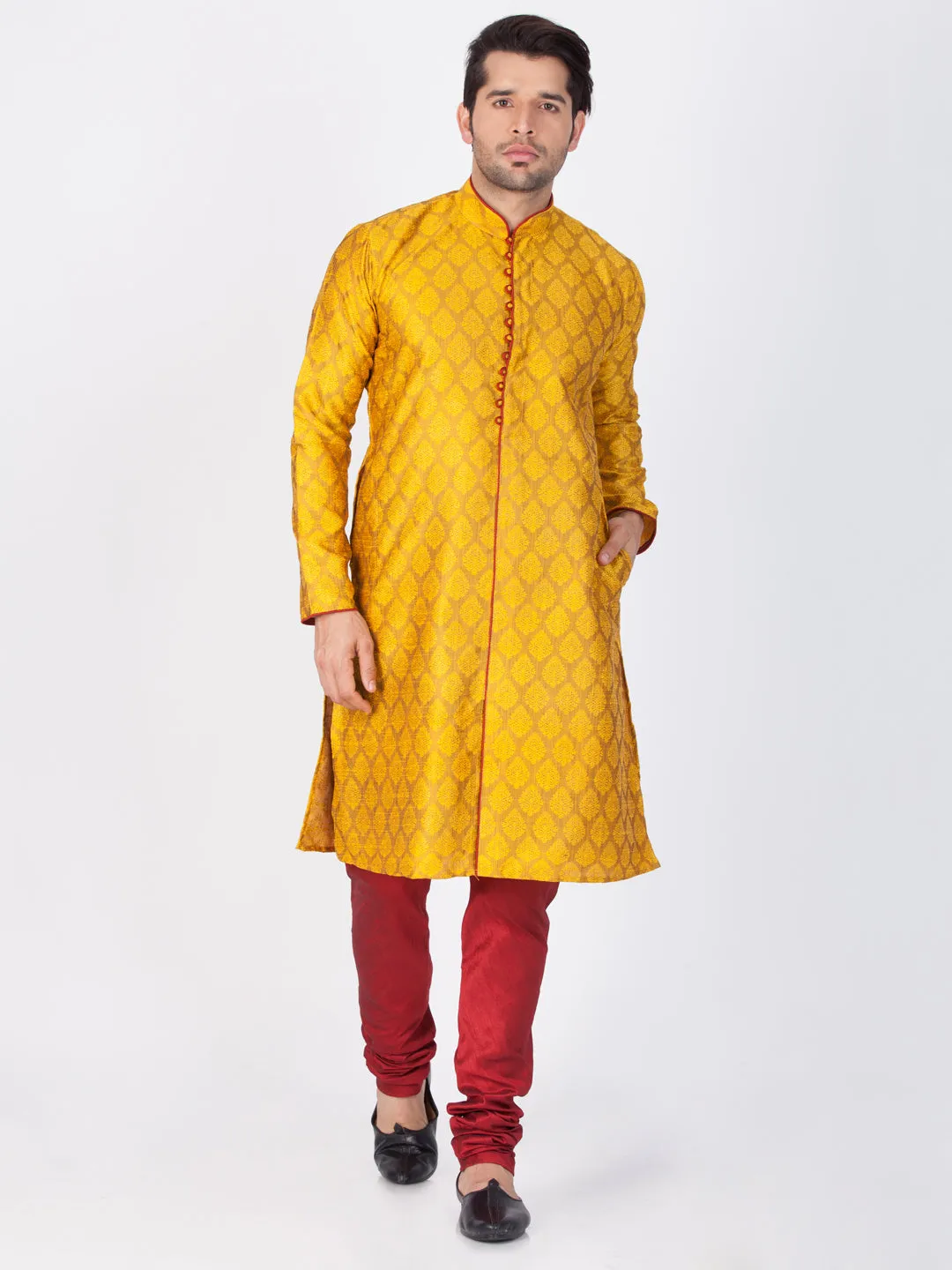 Jashvi Silk Blend Mustard Baap Beta Kurta Pyjama set