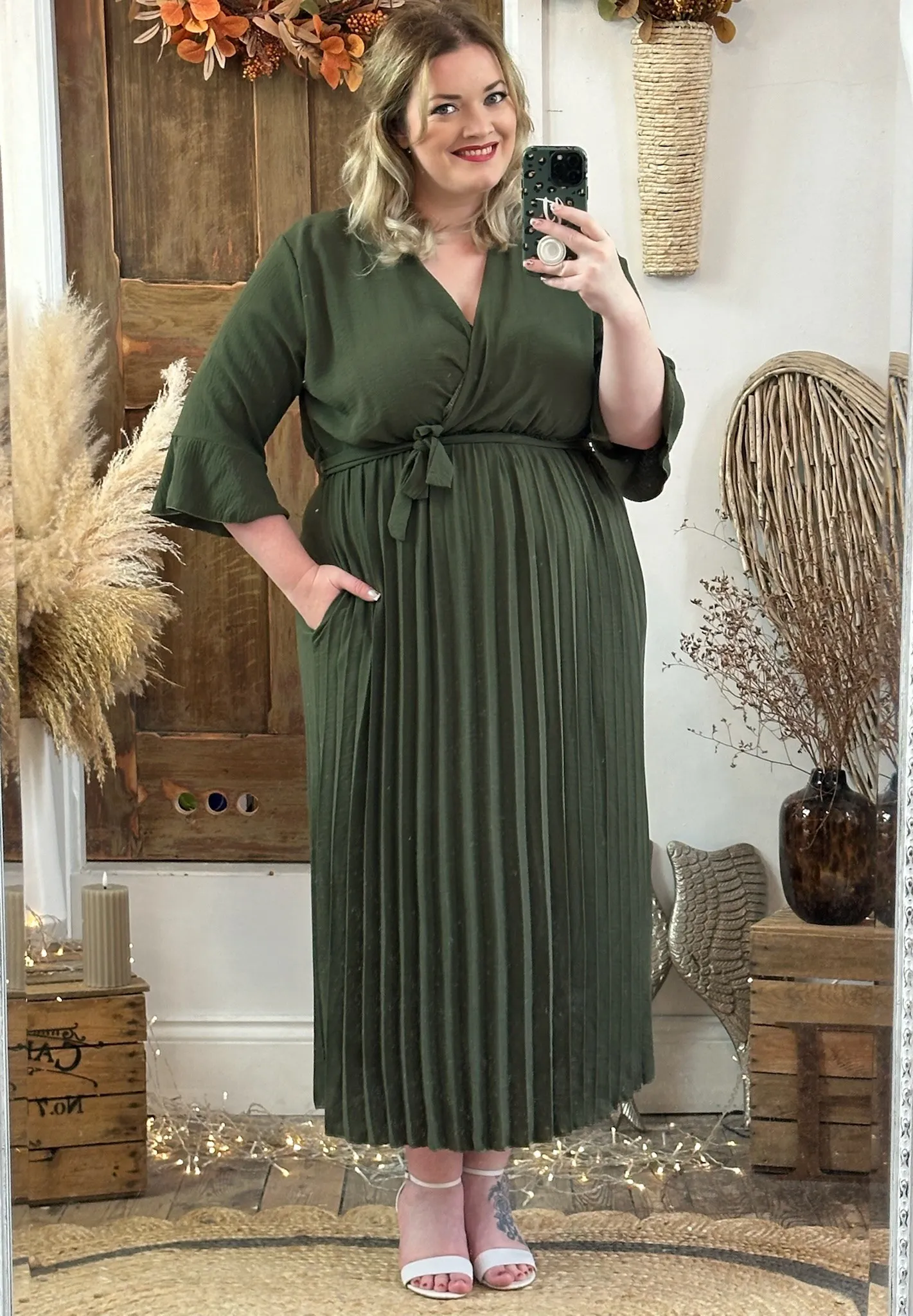 Khaki Rowan Pleated Midaxi Dress