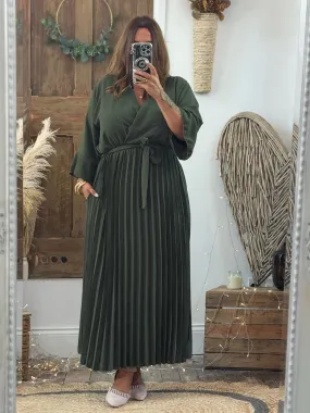 Khaki Rowan Pleated Midaxi Dress