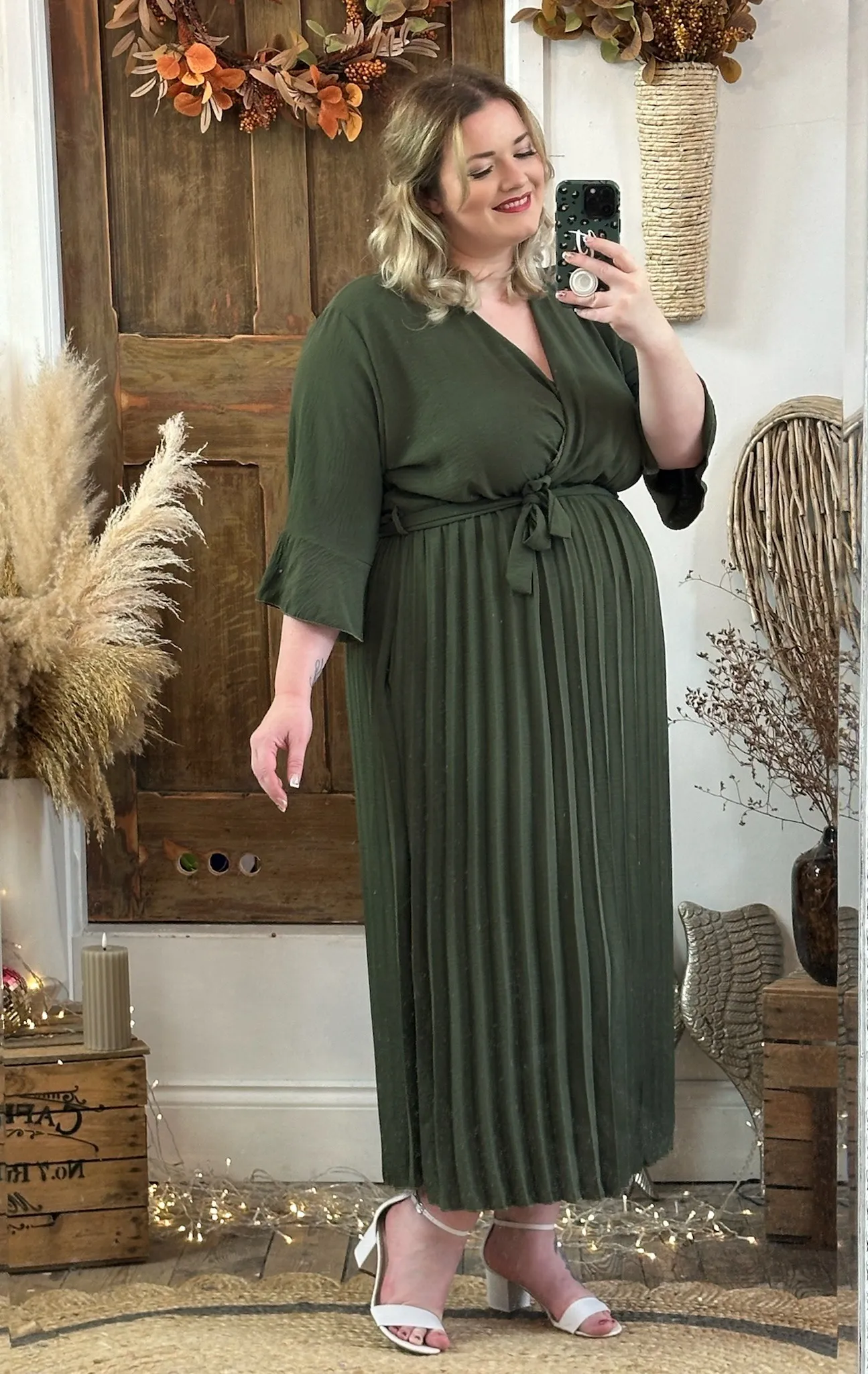 Khaki Rowan Pleated Midaxi Dress