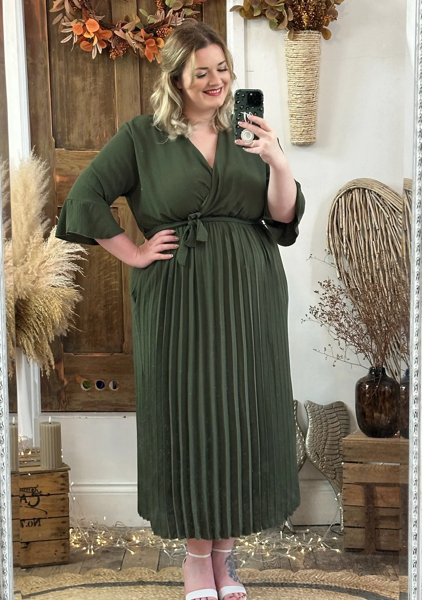 Khaki Rowan Pleated Midaxi Dress