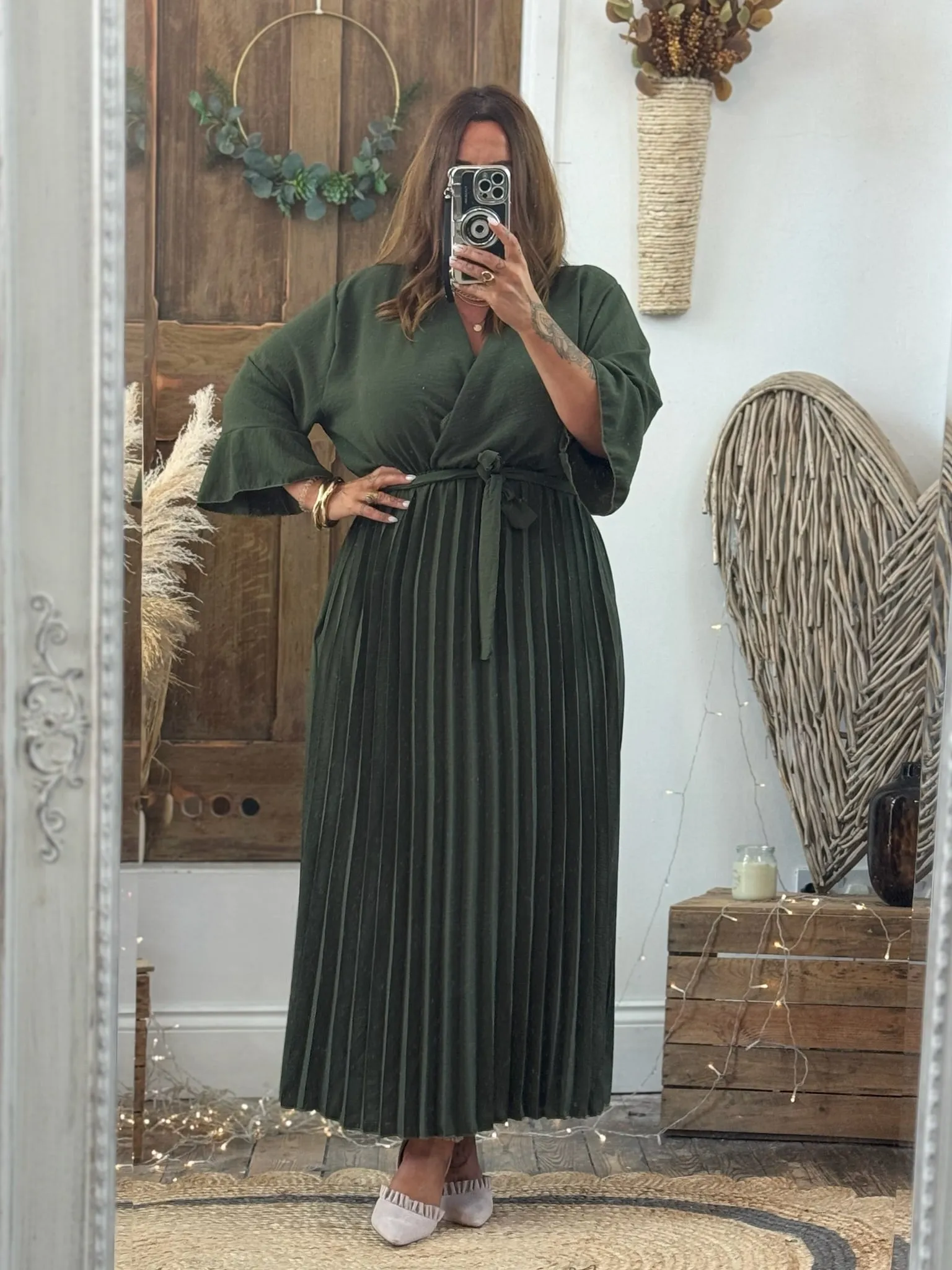 Khaki Rowan Pleated Midaxi Dress