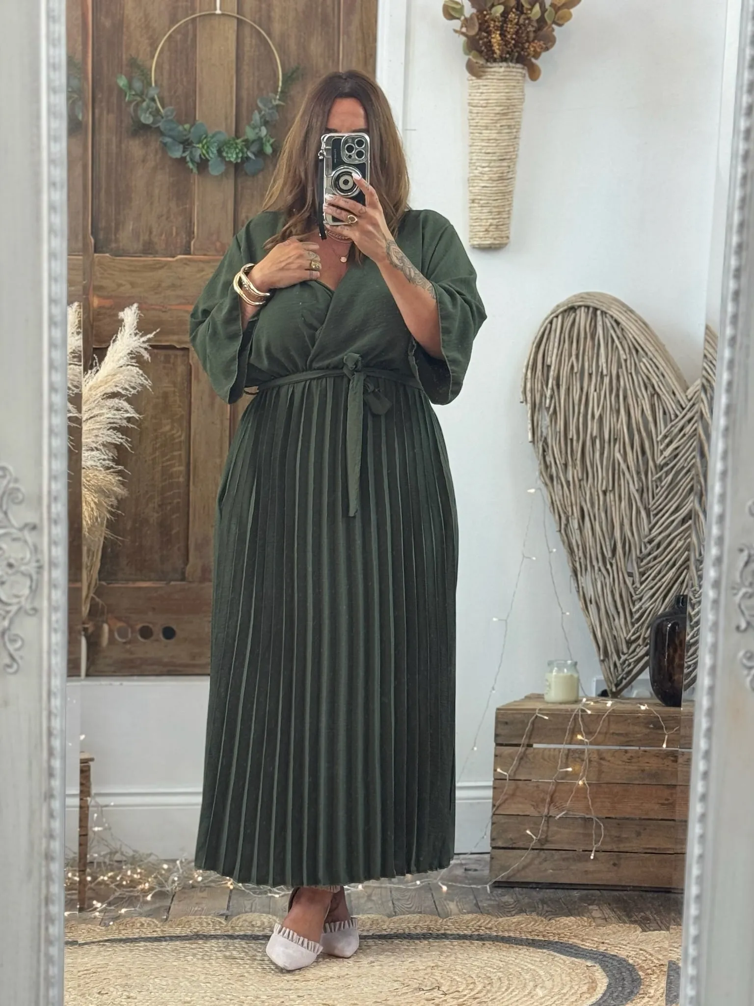 Khaki Rowan Pleated Midaxi Dress