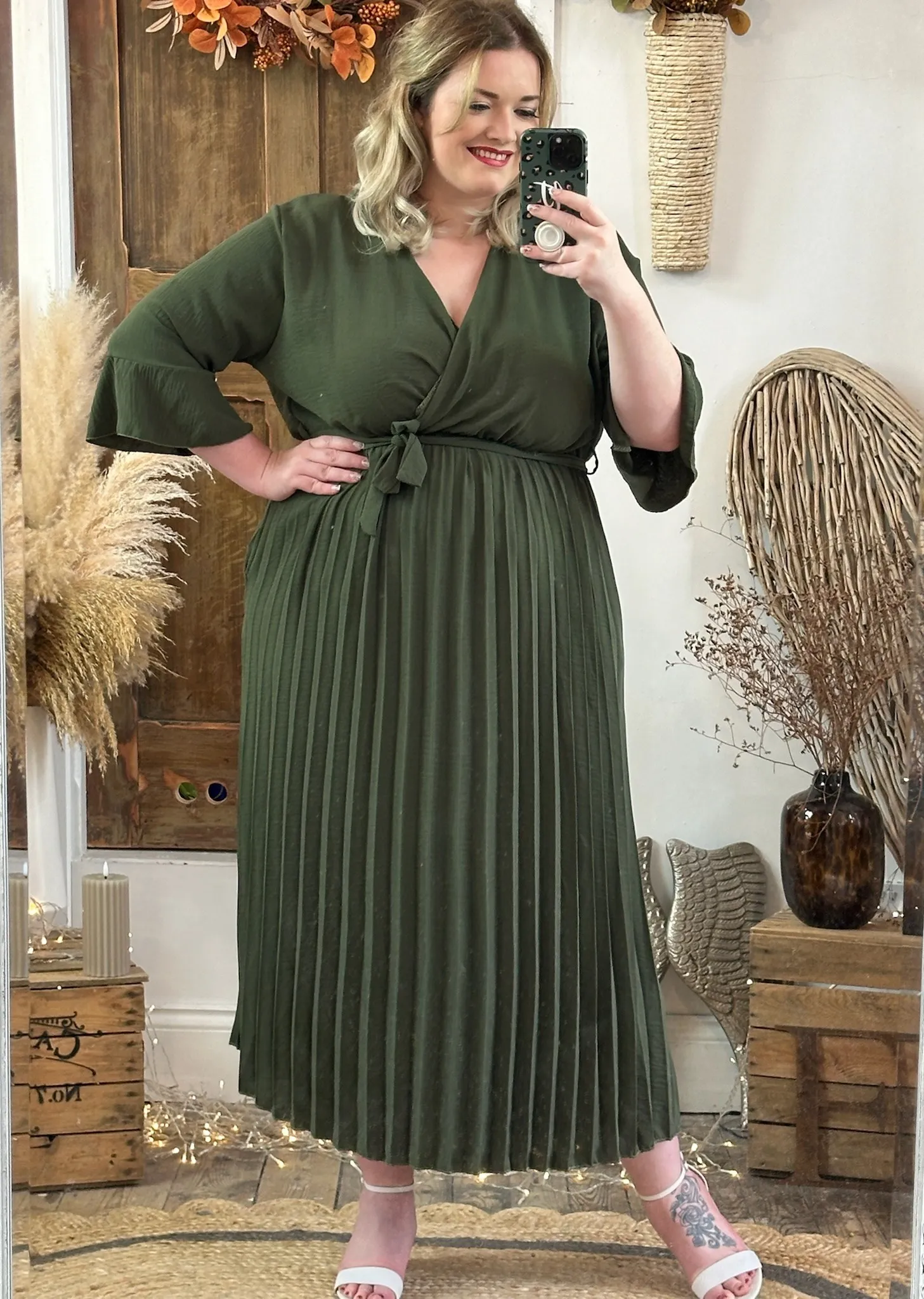 Khaki Rowan Pleated Midaxi Dress