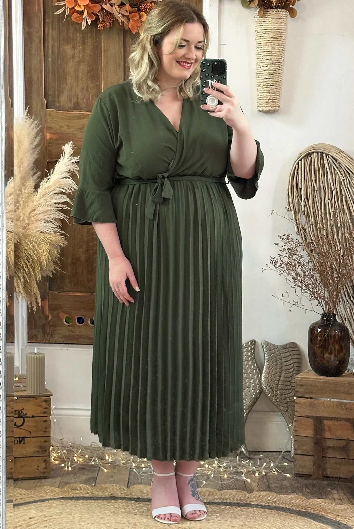 Khaki Rowan Pleated Midaxi Dress