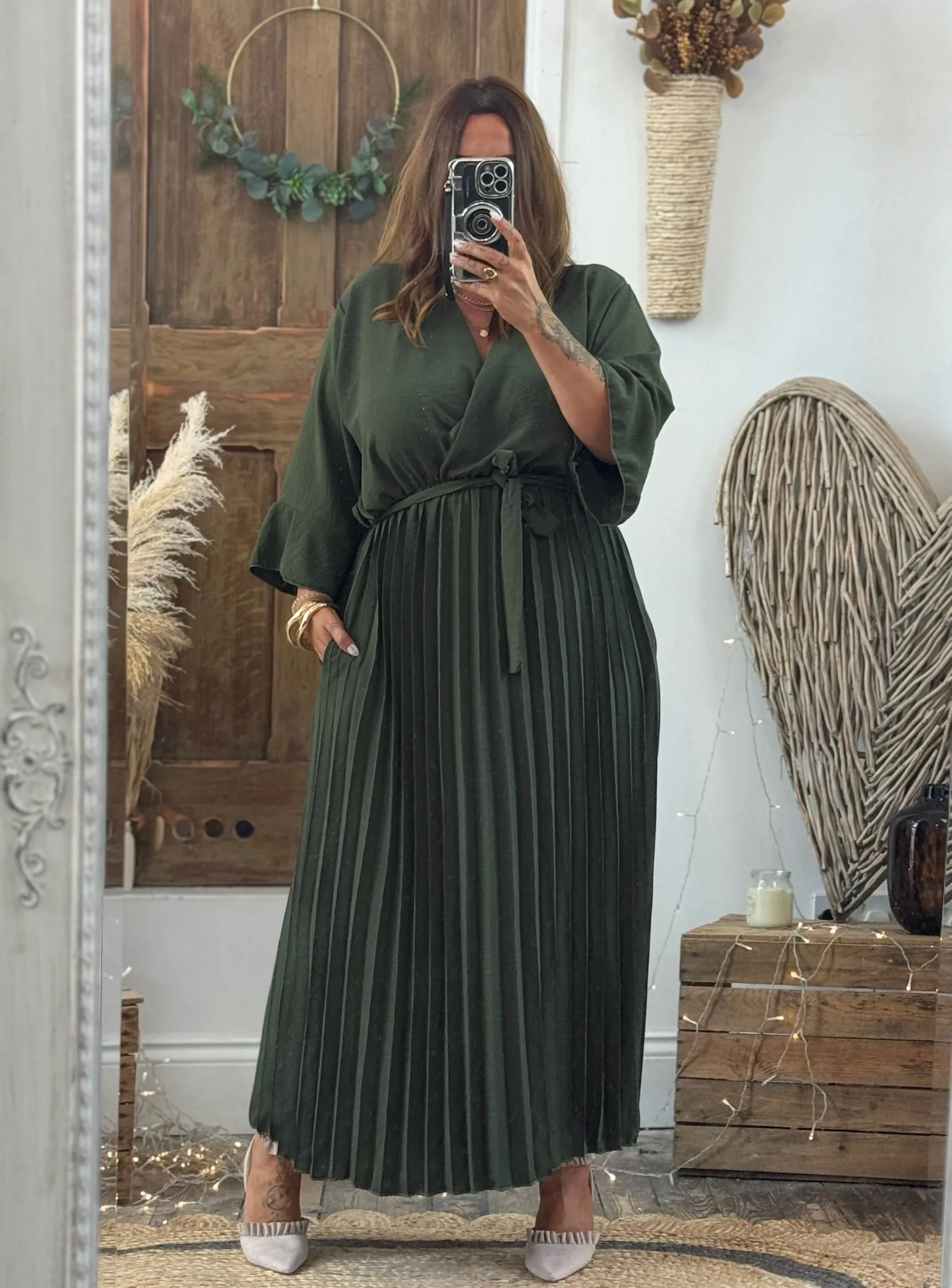 Khaki Rowan Pleated Midaxi Dress