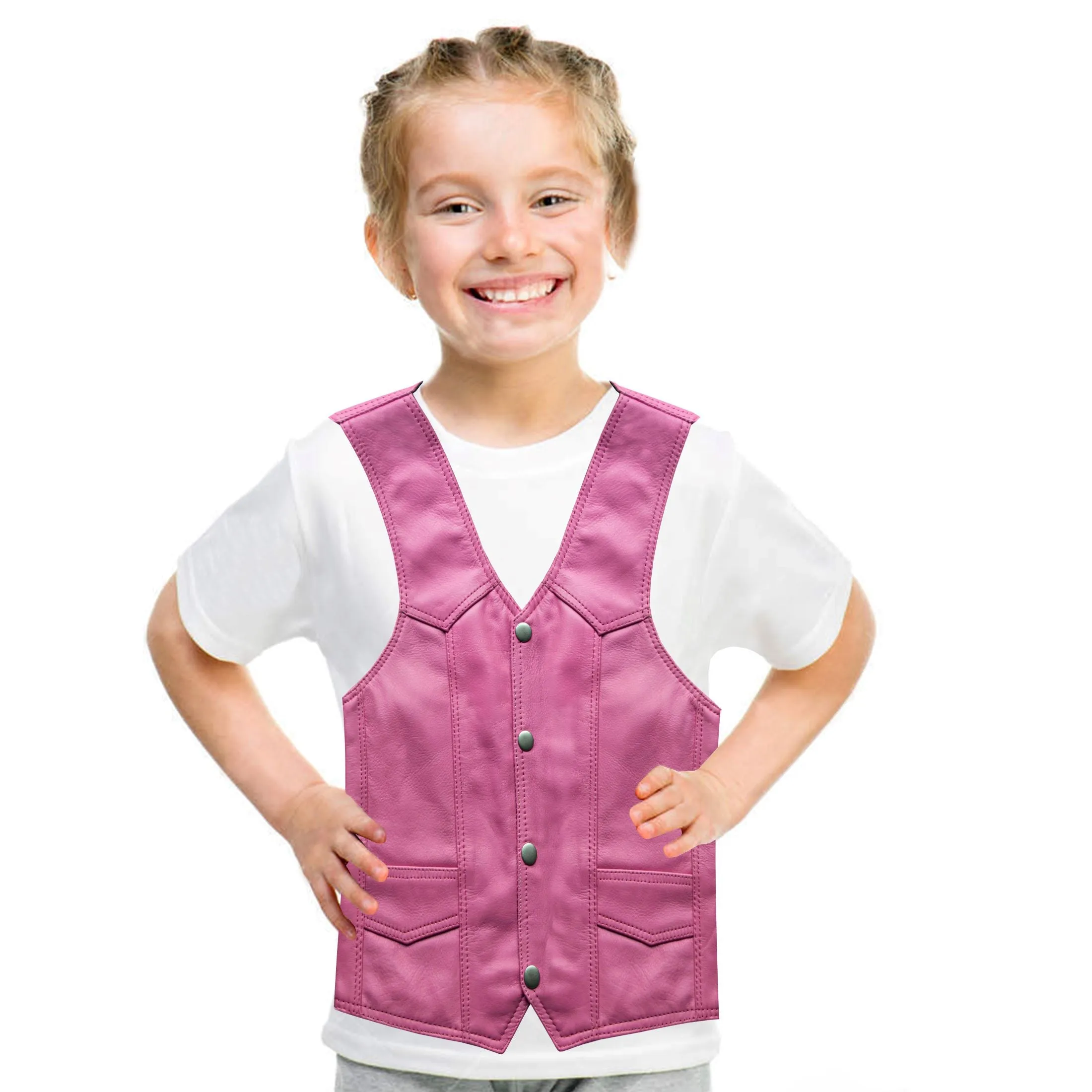 Kids Pink Leather Motorcycle Vest With Button Snap Closure