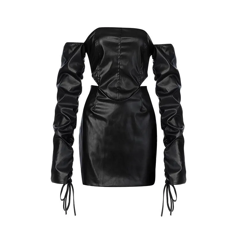 KittenAlarm - Mariana Off Shoulder Leather Dress