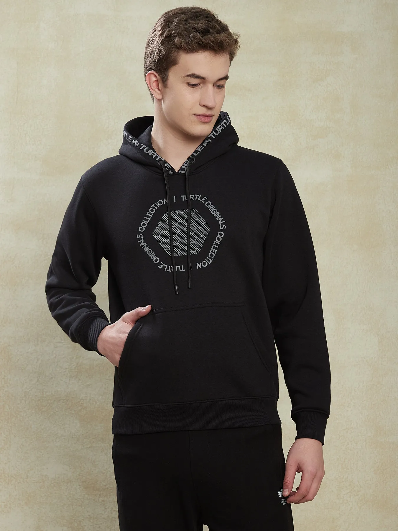 Knitted Black Printed Hoodie Full Sleeve Casual Sweatshirt