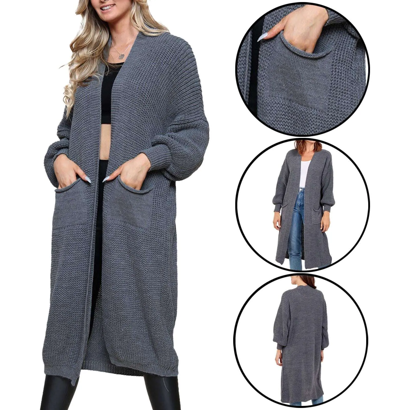 Ladies Chunky Knitted Oversized Cardigan Women Balloon Sleeve Long Maxi Cardigans