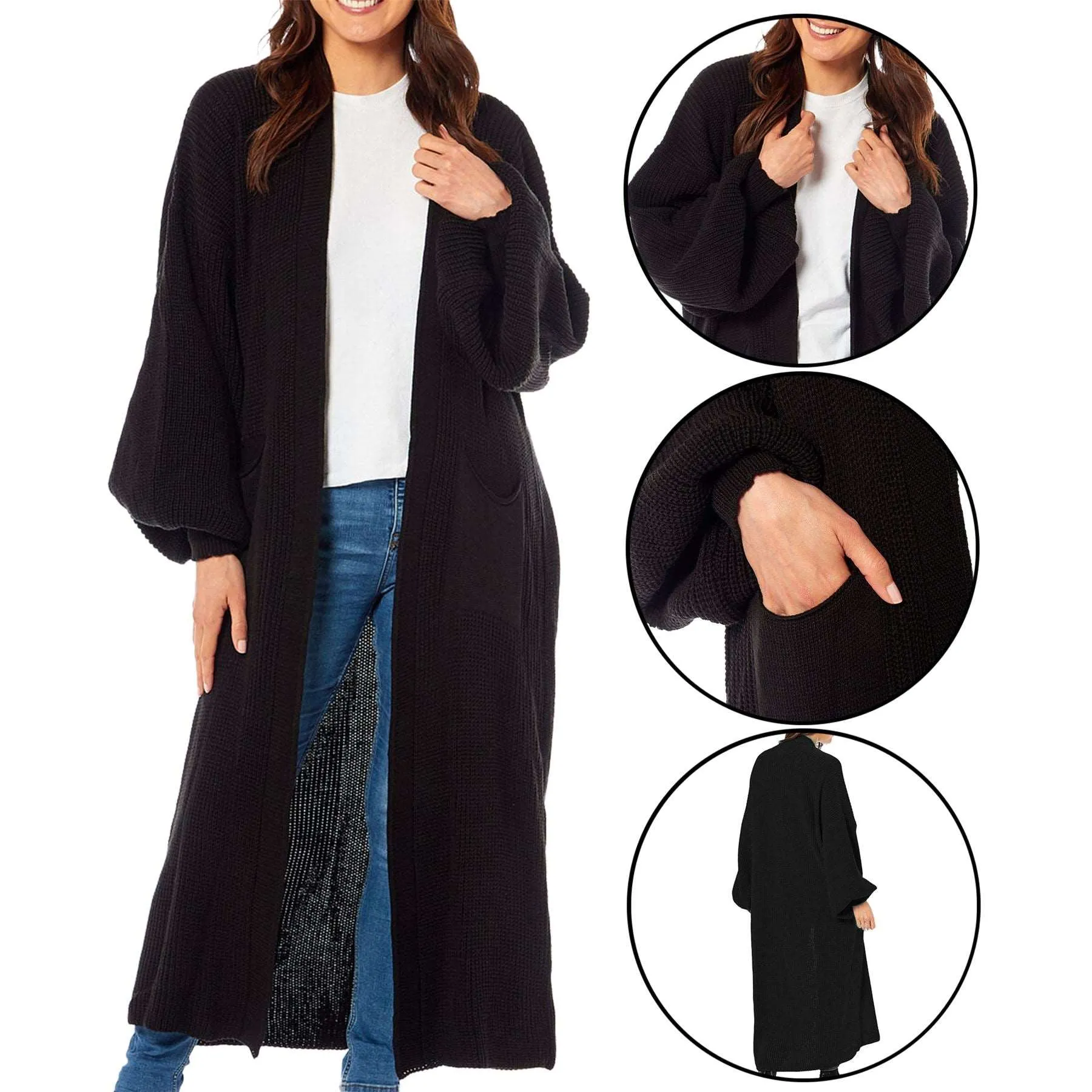 Ladies Chunky Knitted Oversized Cardigan Women Balloon Sleeve Long Maxi Cardigans