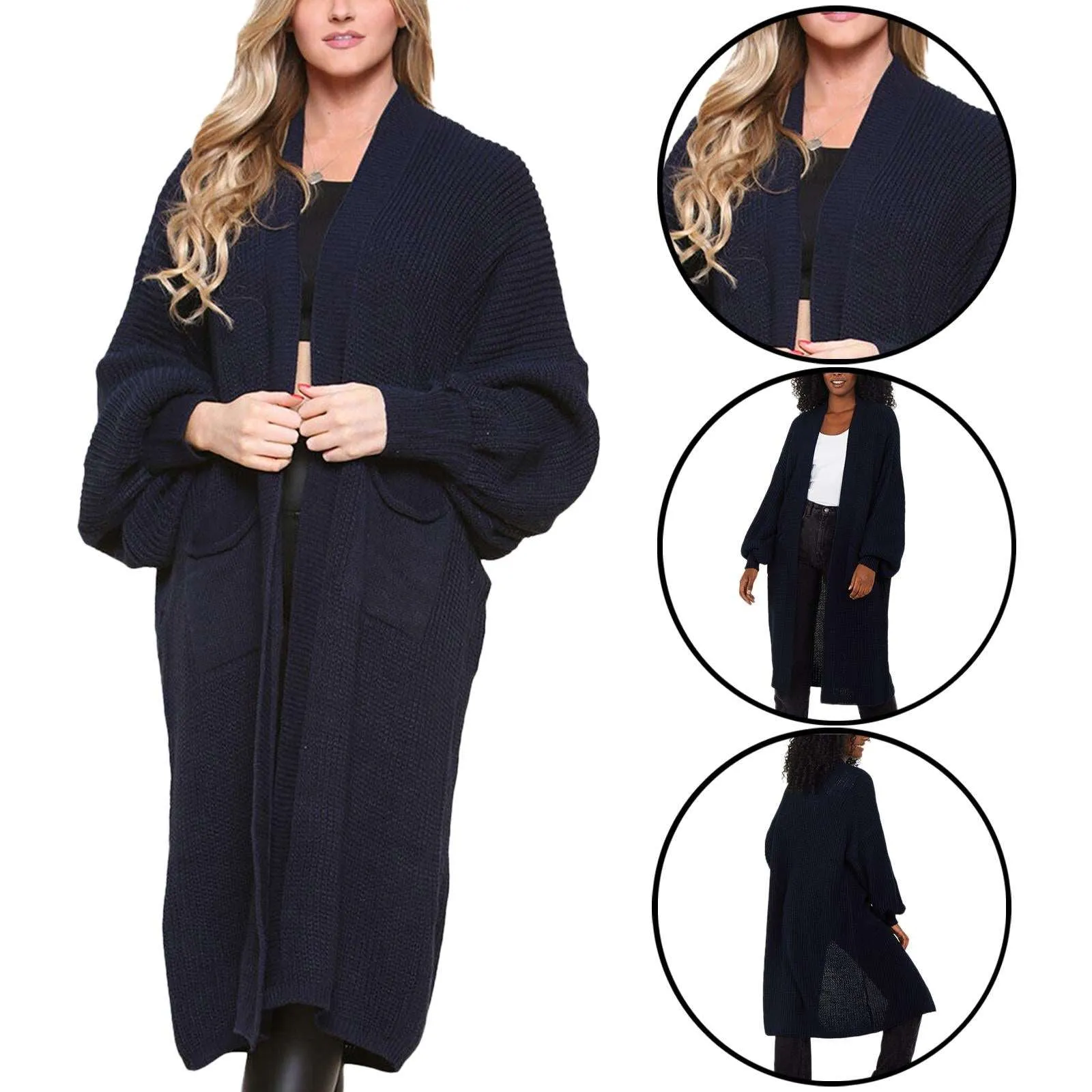 Ladies Chunky Knitted Oversized Cardigan Women Balloon Sleeve Long Maxi Cardigans