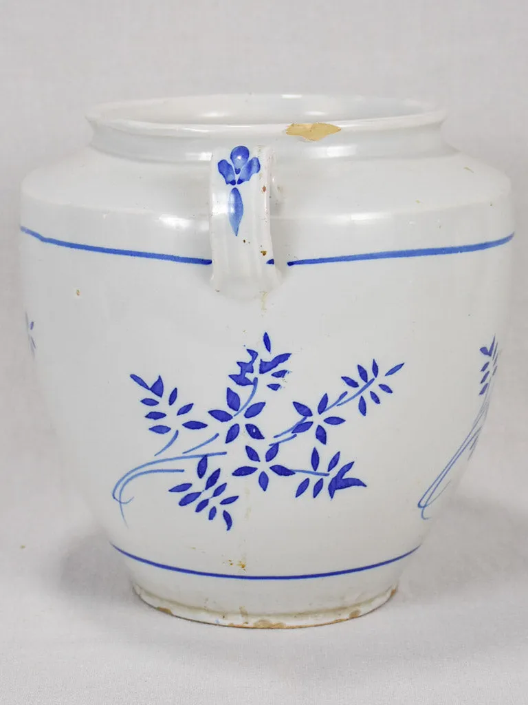 Late 19th-century preserving pot - white with blue flowers 10¾"