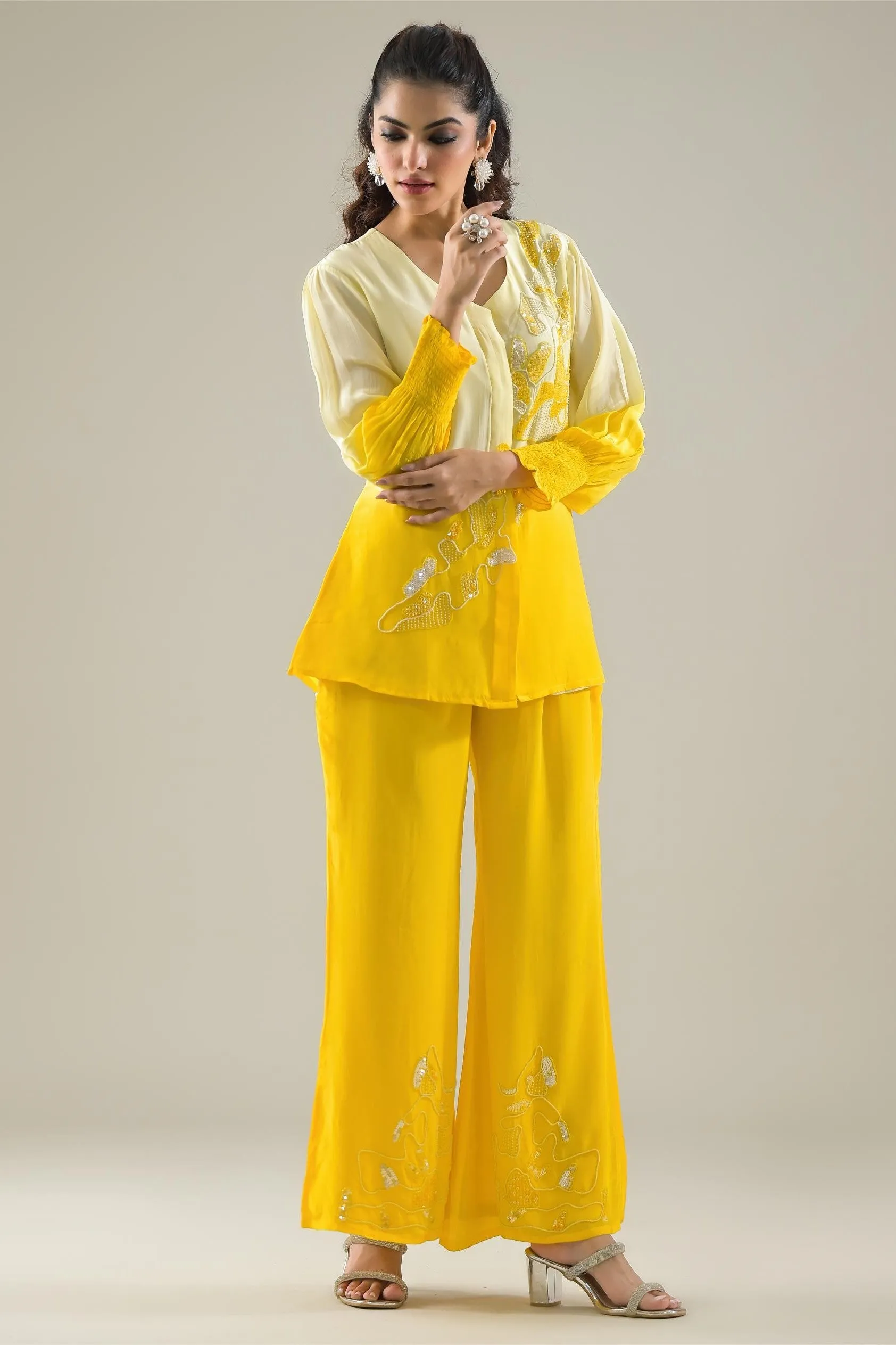 Lemon Yellow Ombre-Dyed Habutai Silk Palazzo Set