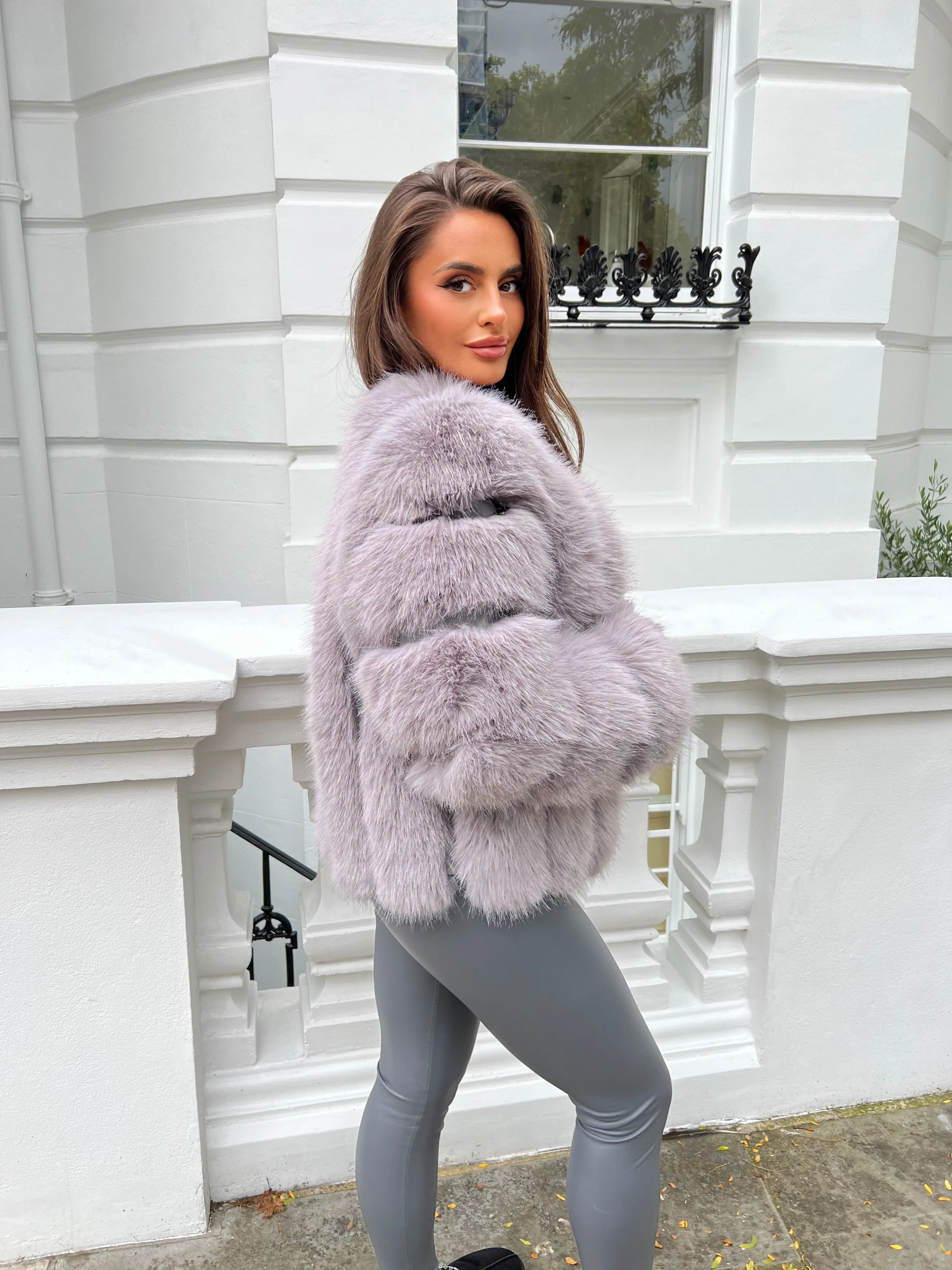 Light Grey Vertical Design Faux Fur Coat