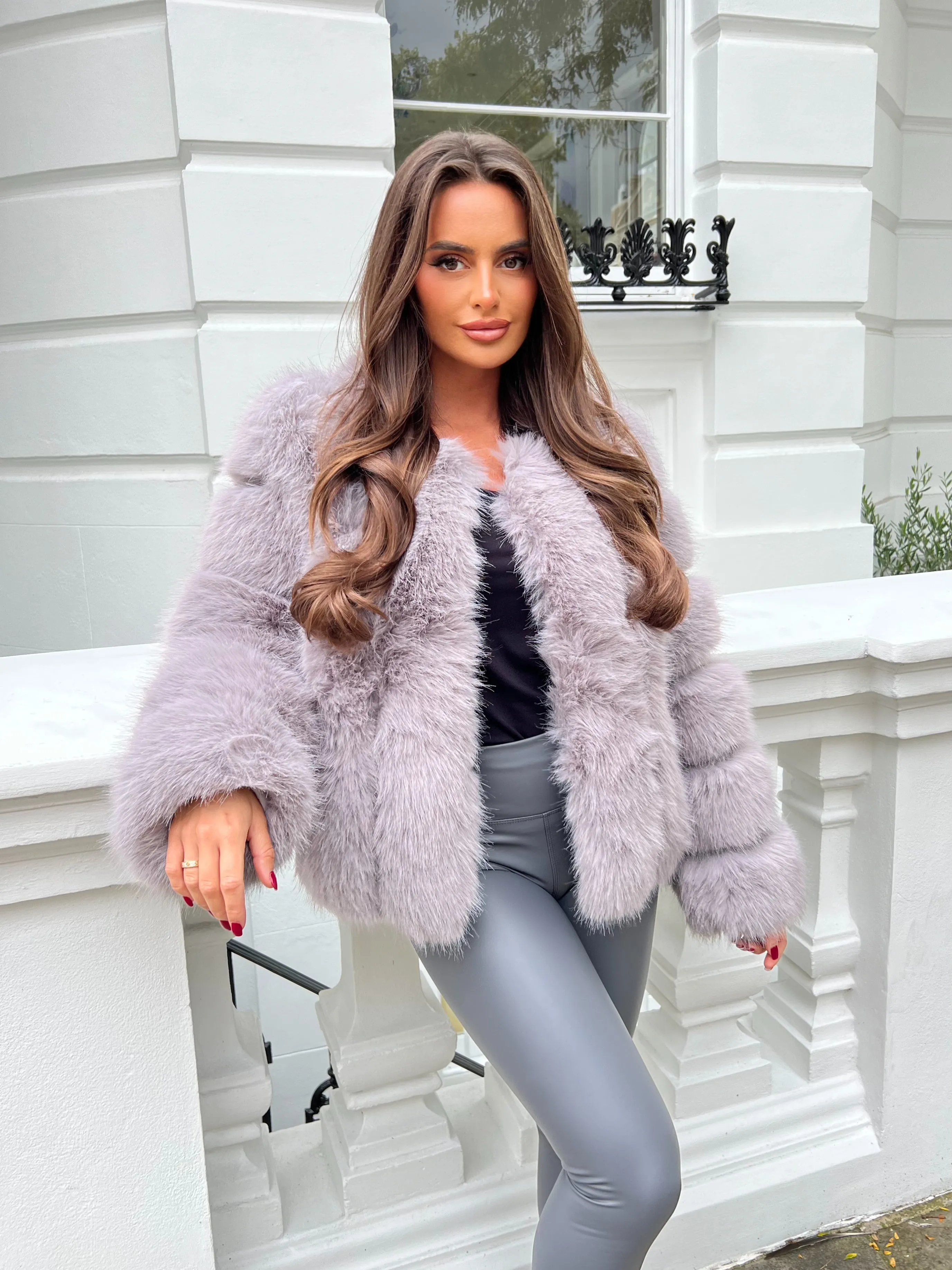 Light Grey Vertical Design Faux Fur Coat