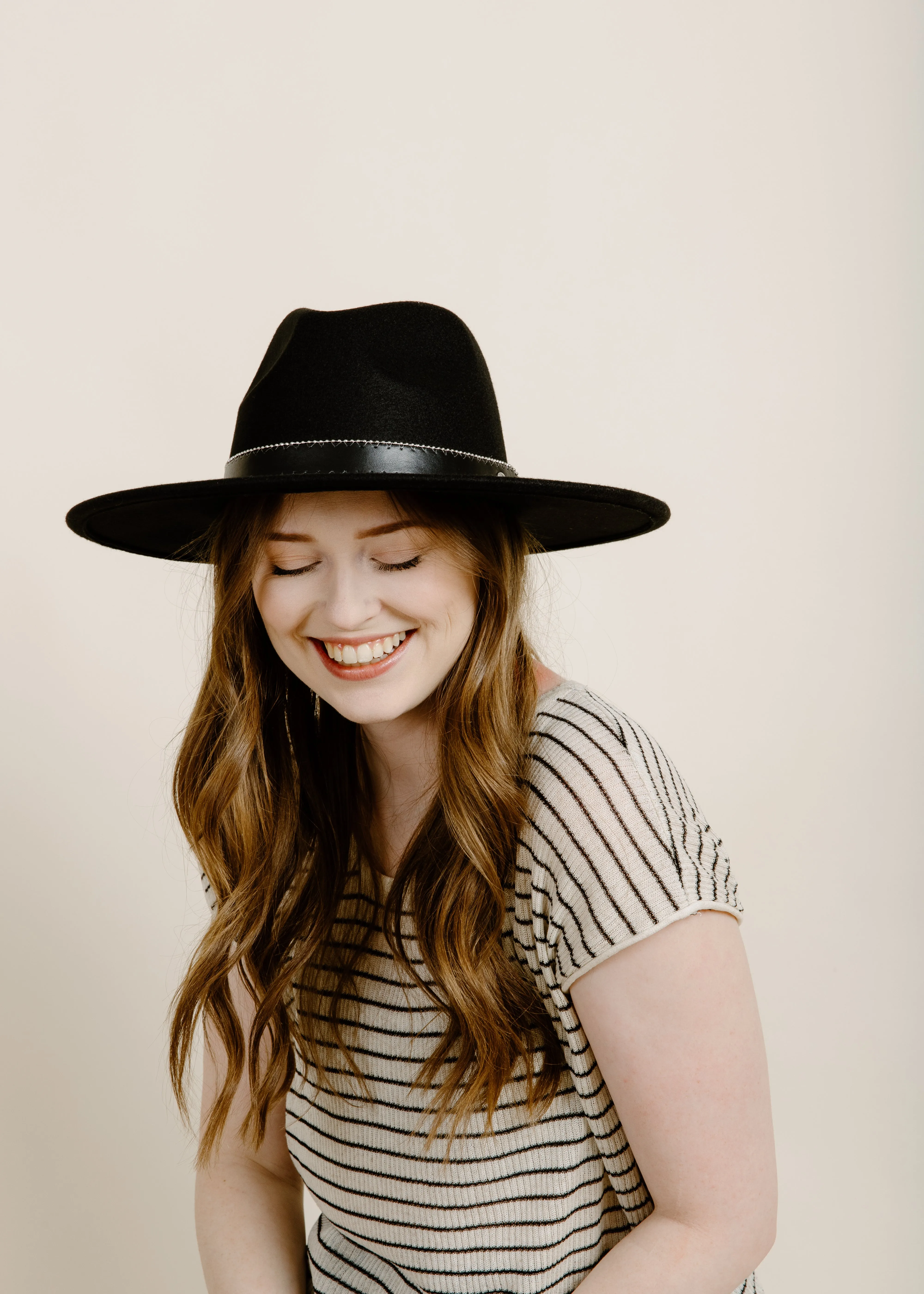 Lizzy Black Leather Strap Fedora Hat