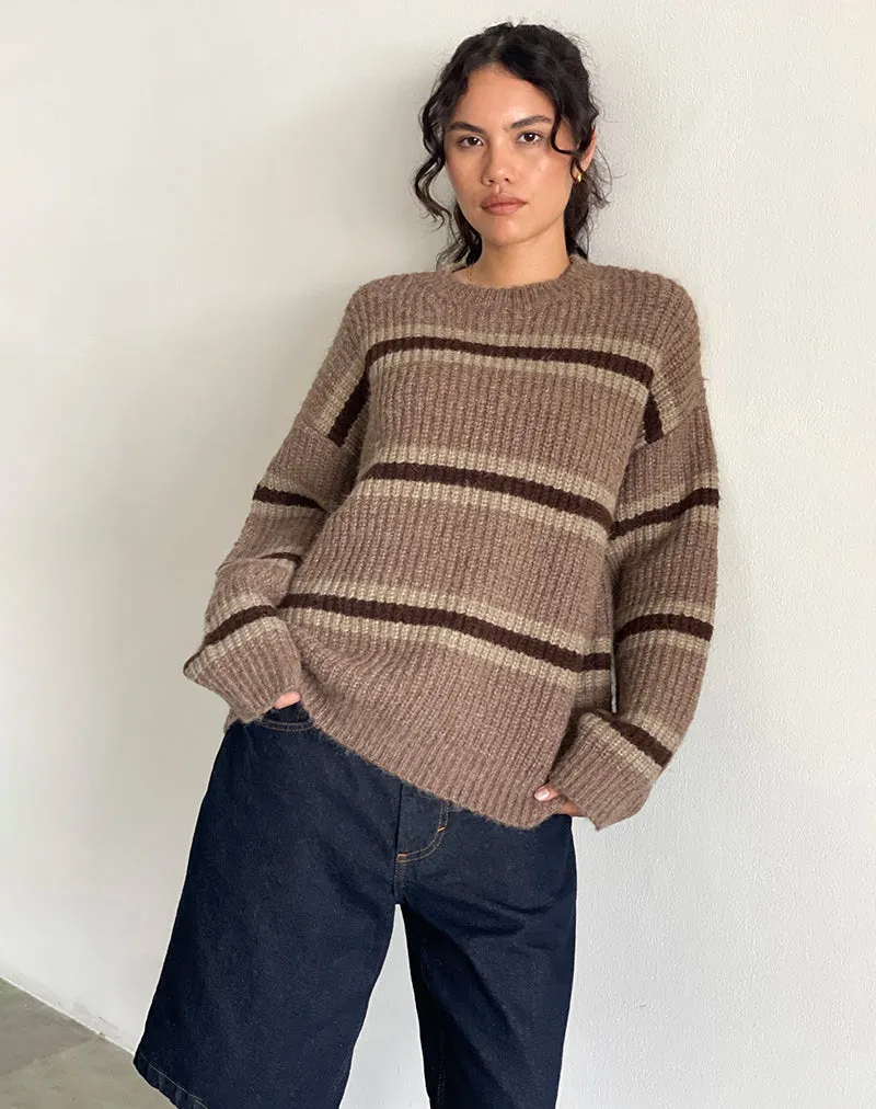 Lunet Knitted Jumper in Stripe Tonal Brown