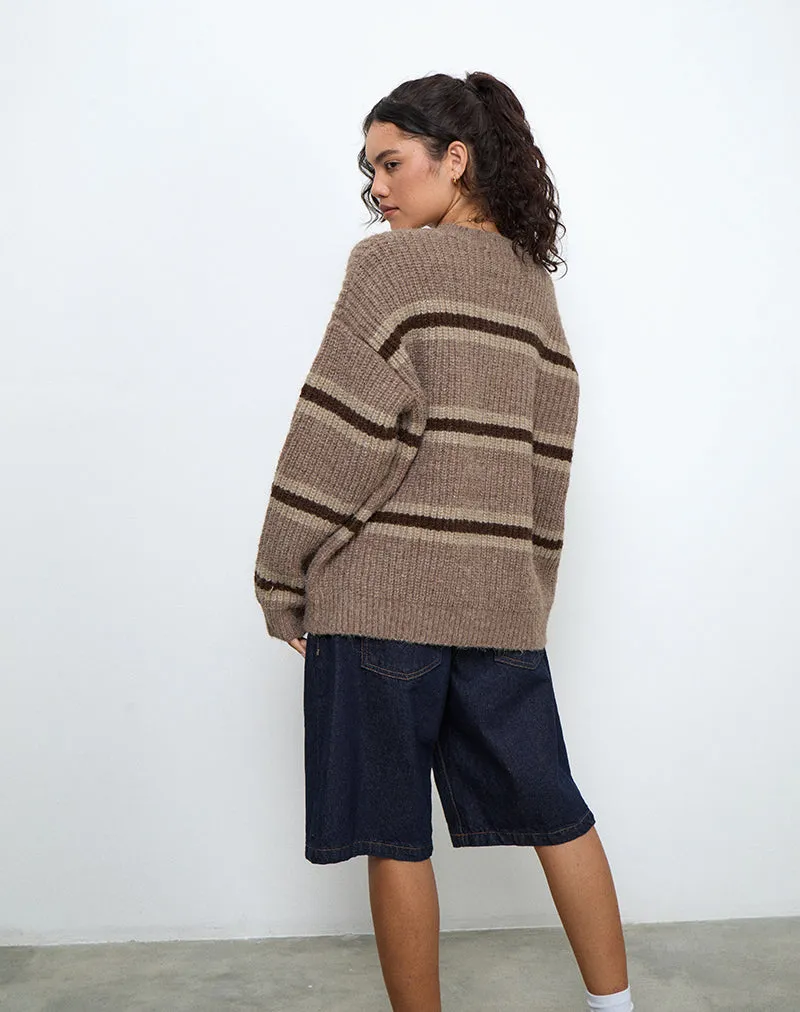 Lunet Knitted Jumper in Stripe Tonal Brown