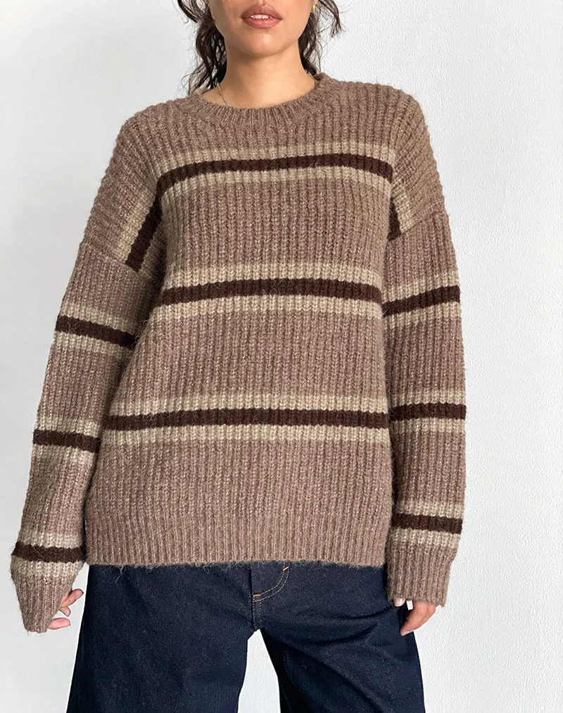 Lunet Knitted Jumper in Stripe Tonal Brown