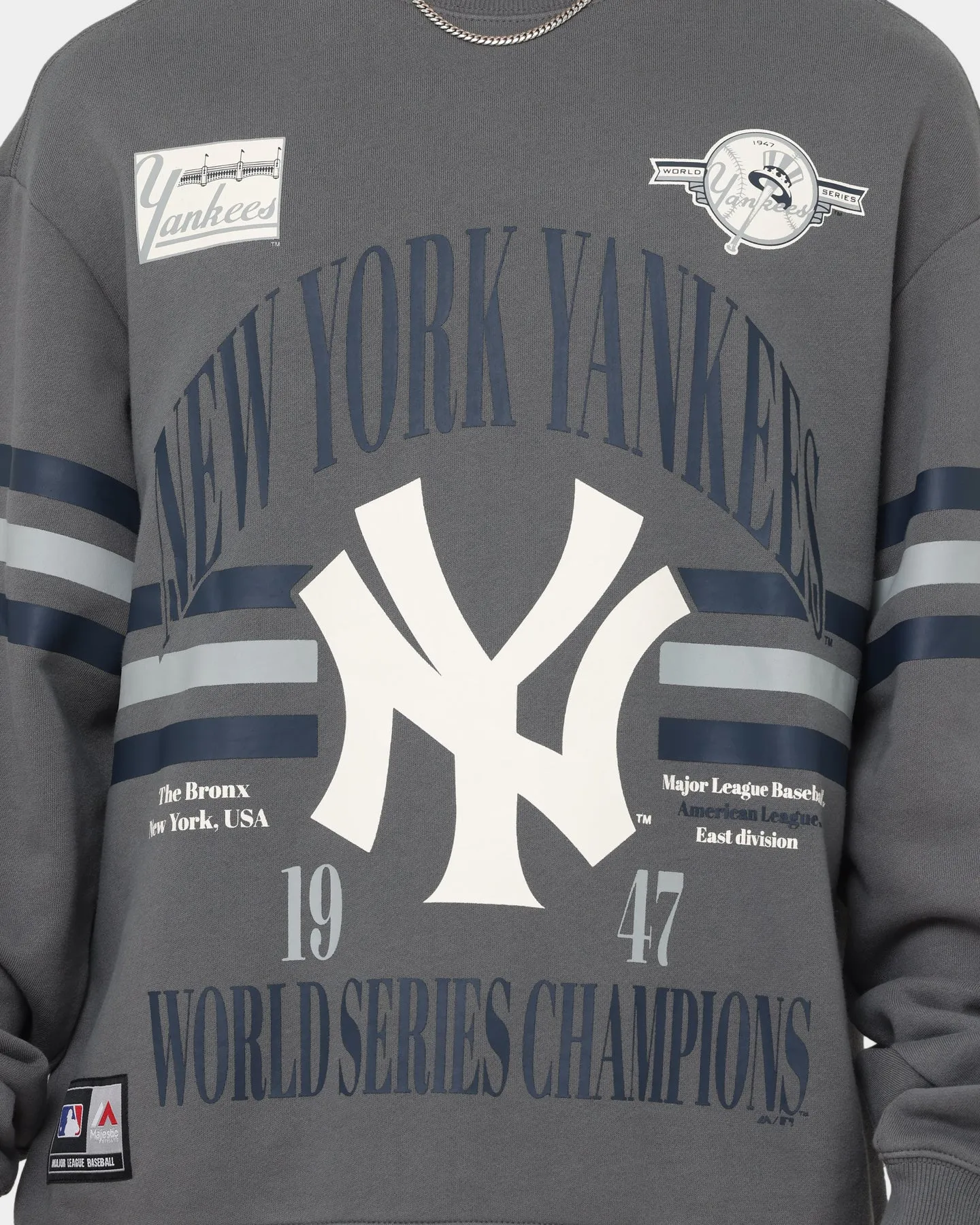 Majestic Athletic New York Yankees Champion Arch Stripe Crewneck Gunmetal Grey