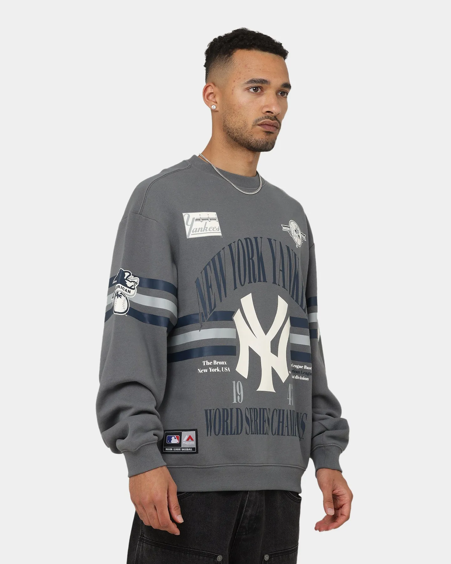 Majestic Athletic New York Yankees Champion Arch Stripe Crewneck Gunmetal Grey