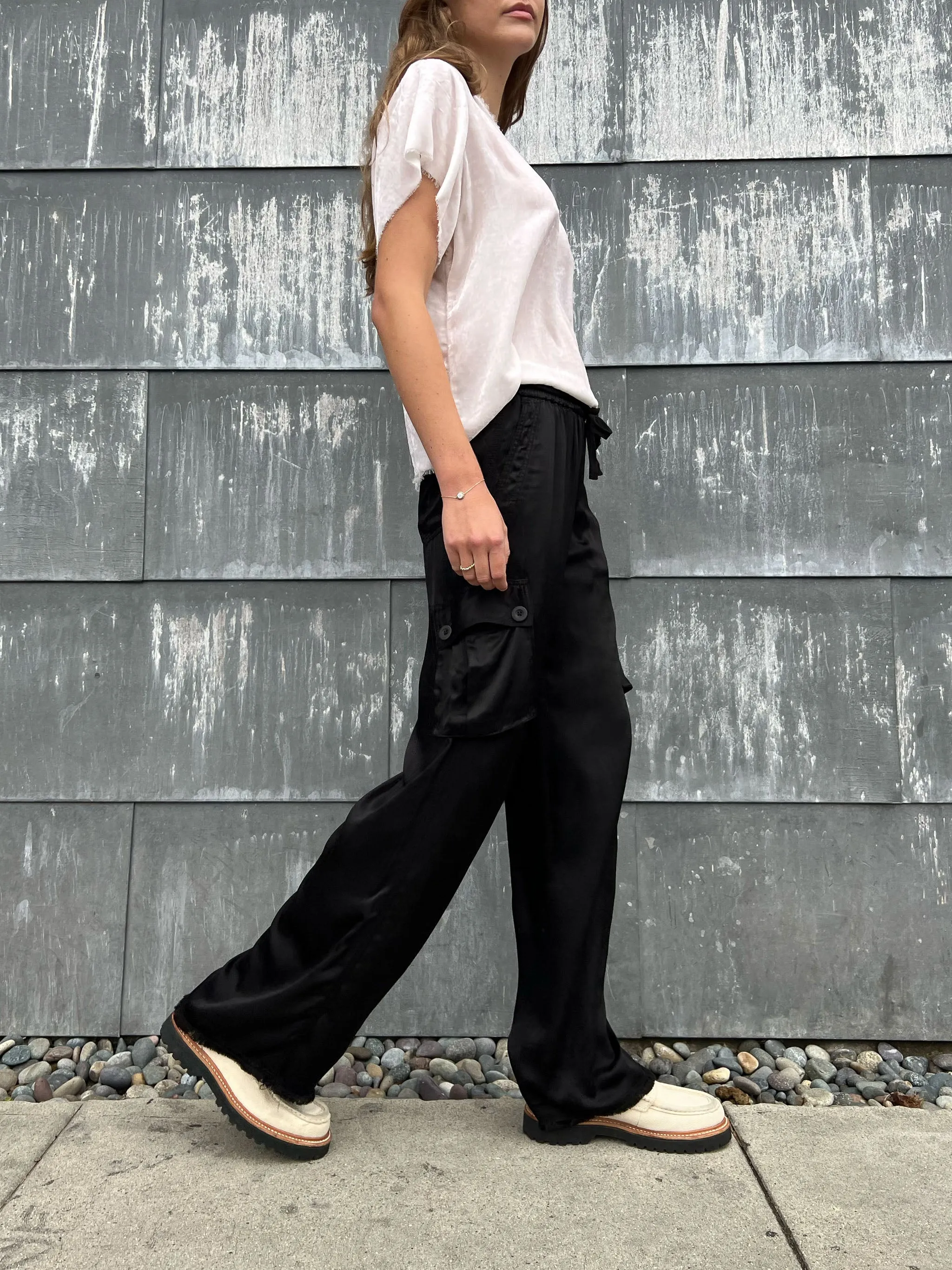 Mason Cargo Pant in Vintage Satin - Black