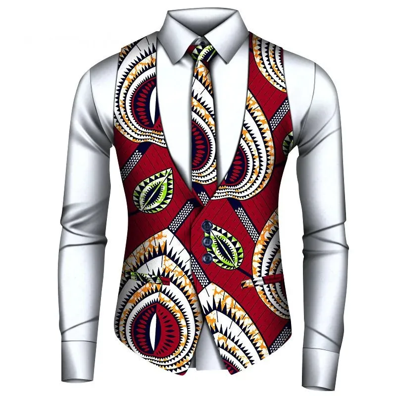 Men's African Style Vest Set – Slim Fit Print Vest, Shirt, and Tie for Formal Business, Prom, and Weddings