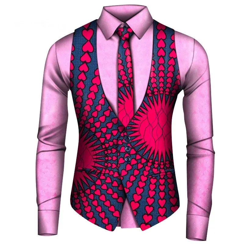 Men's African Style Vest Set – Slim Fit Print Vest, Shirt, and Tie for Formal Business, Prom, and Weddings