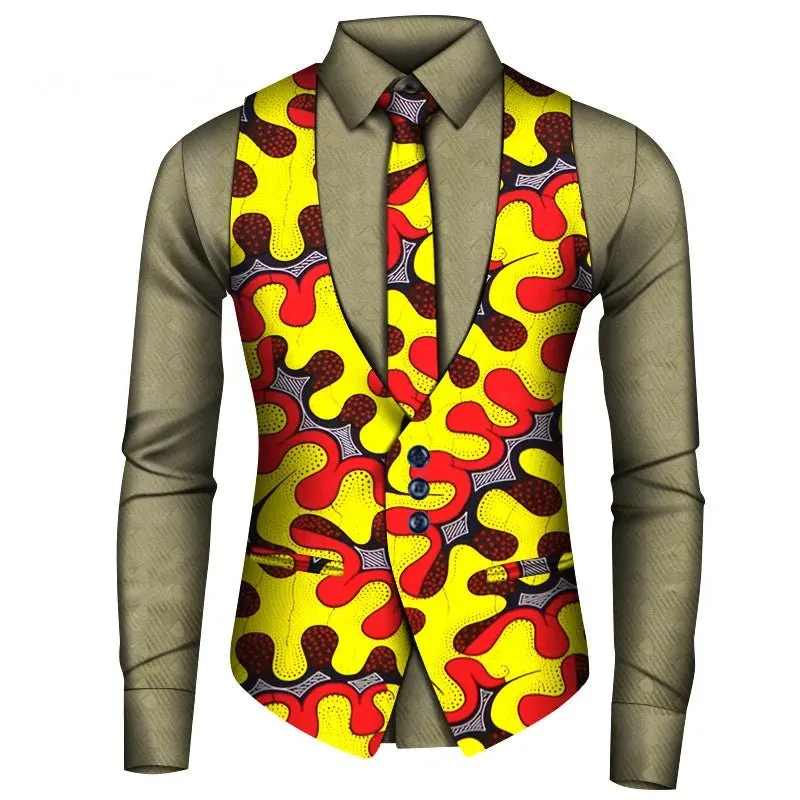 Men's African Style Vest Set – Slim Fit Print Vest, Shirt, and Tie for Formal Business, Prom, and Weddings