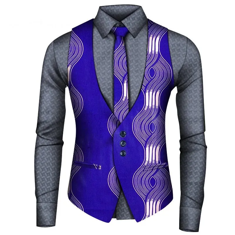 Men's African Style Vest Set – Slim Fit Print Vest, Shirt, and Tie for Formal Business, Prom, and Weddings