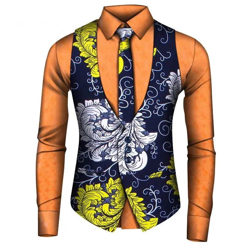 Men's African Style Vest Set – Slim Fit Print Vest, Shirt, and Tie for Formal Business, Prom, and Weddings