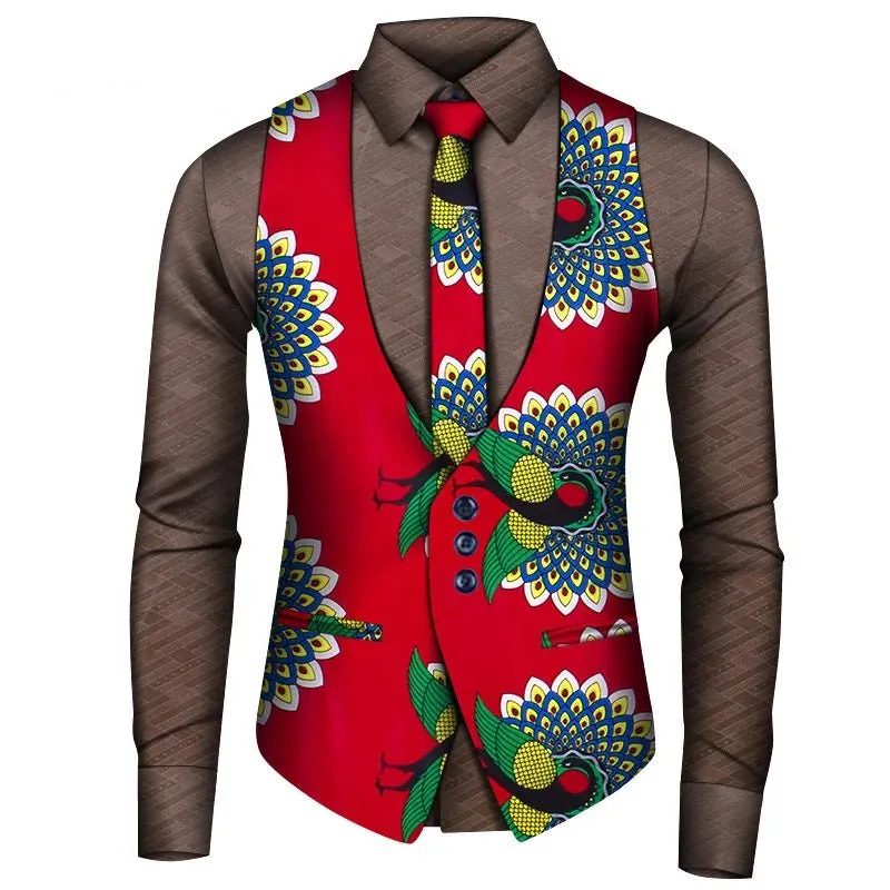 Men's African Style Vest Set – Slim Fit Print Vest, Shirt, and Tie for Formal Business, Prom, and Weddings