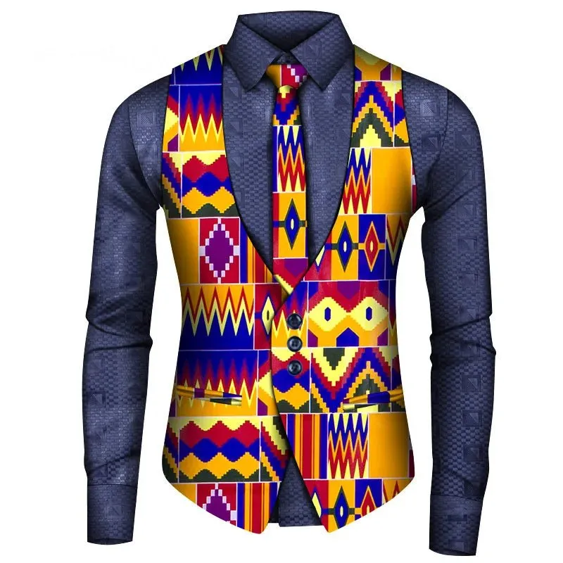 Men's African Style Vest Set – Slim Fit Print Vest, Shirt, and Tie for Formal Business, Prom, and Weddings