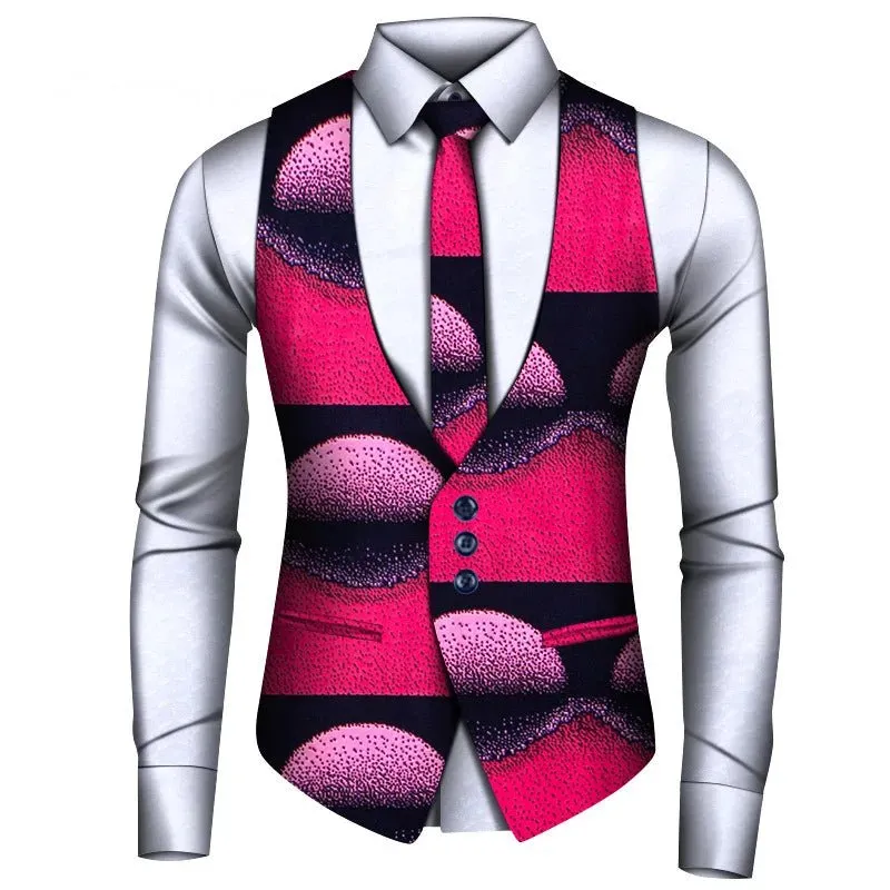 Men's African Style Vest Set – Slim Fit Print Vest, Shirt, and Tie for Formal Business, Prom, and Weddings