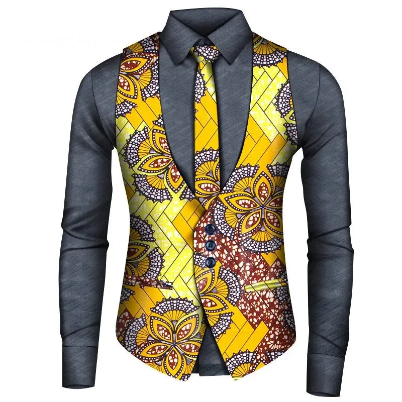 Men's African Style Vest Set – Slim Fit Print Vest, Shirt, and Tie for Formal Business, Prom, and Weddings