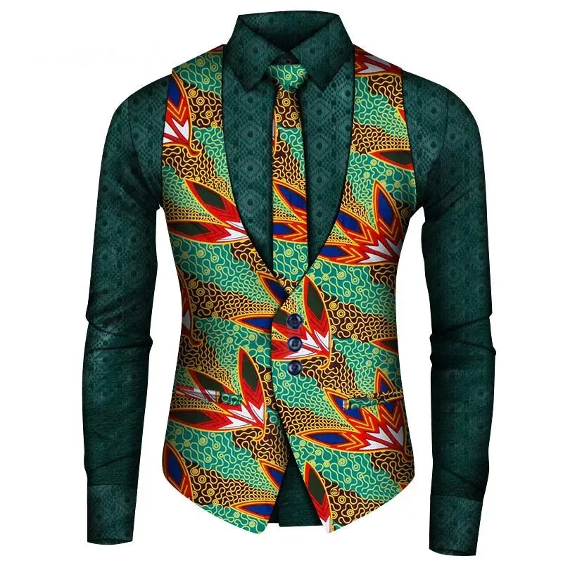 Men's African Style Vest Set – Slim Fit Print Vest, Shirt, and Tie for Formal Business, Prom, and Weddings