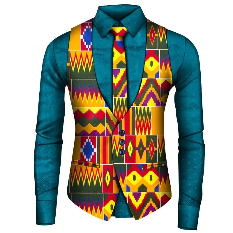 Men's African Style Vest Set – Slim Fit Print Vest, Shirt, and Tie for Formal Business, Prom, and Weddings