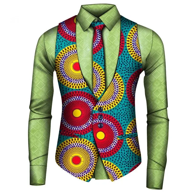 Men's African Style Vest Set – Slim Fit Print Vest, Shirt, and Tie for Formal Business, Prom, and Weddings