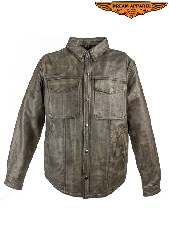 Mens Distressed Brown Leather Motorcycle Shirt With Concealed Carry