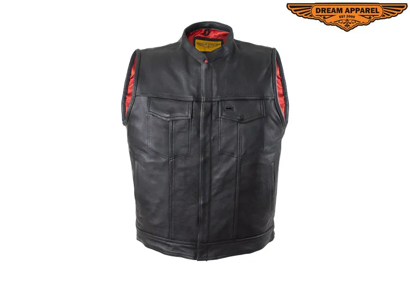 Mens Motorcycle Leather Club Vest With Red Liner